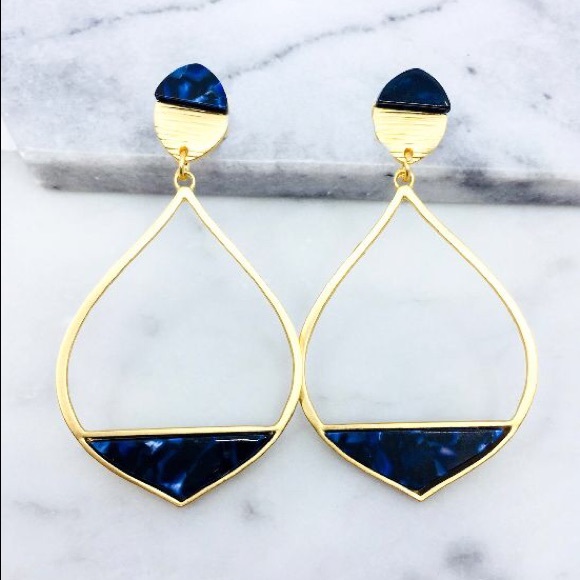 Navy & Gold Marquise Metal Drop Geometric Earrings - Picture 2 of 2
